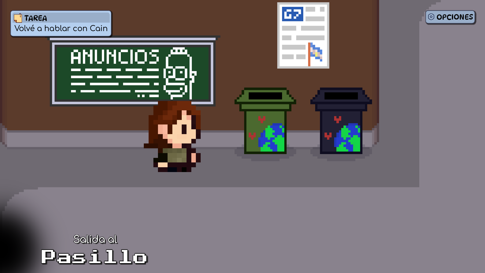 Exploración del pasillo de la escuela y objetivos de Tras la Pantalla